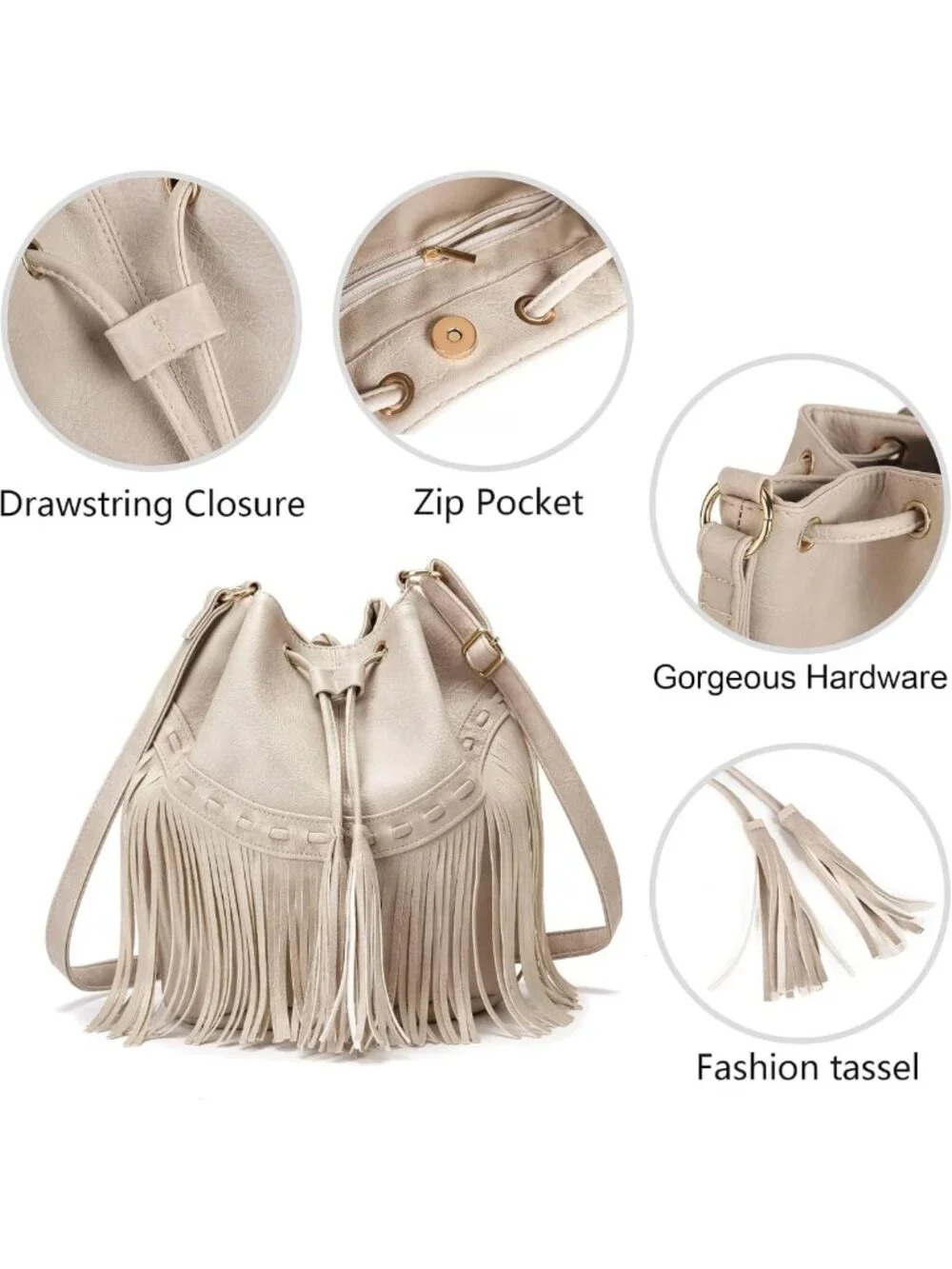 Stylish Leather Bucket Bag for Women - Crossbody Fringe Purse with Tassels